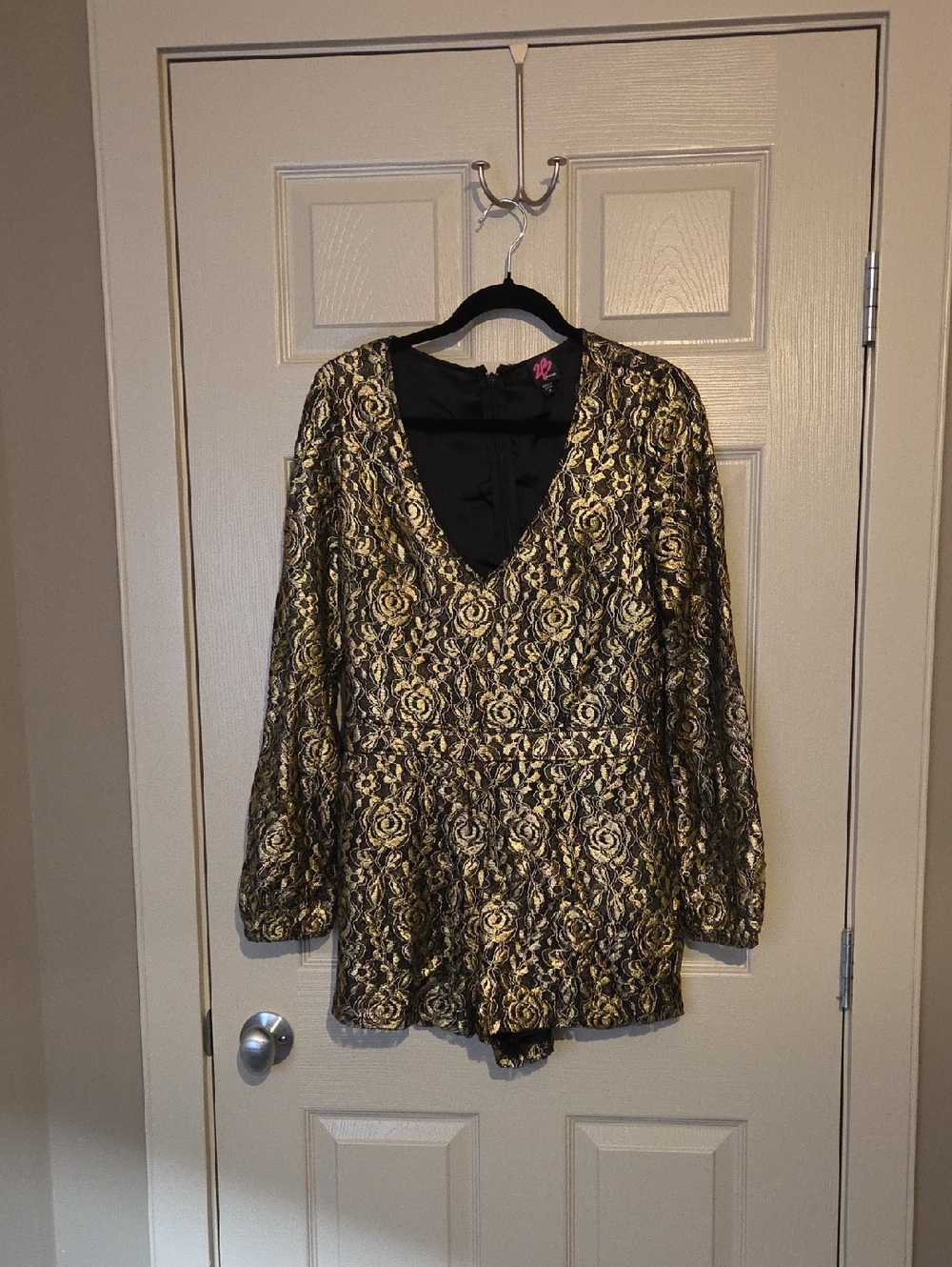 bebe Black and Gold Floral Brocade V-Neck Romper